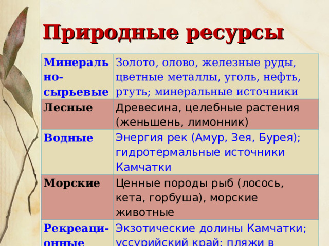 Природные ресурсы Минерально-сырьевые Золото, олово, железные руды, цветные металлы, уголь, нефть, ртуть; минеральные источники Лесные Древесина, целебные растения (женьшень, лимонник) Водные Энергия рек (Амур, Зея, Бурея); гидротермальные источники Камчатки Морские Ценные породы рыб ( лосось, кета, горбуша), морские животные Рекреаци - онные Экзотические долины Камчатки; уссурийский край; пляжи в районе Находки 