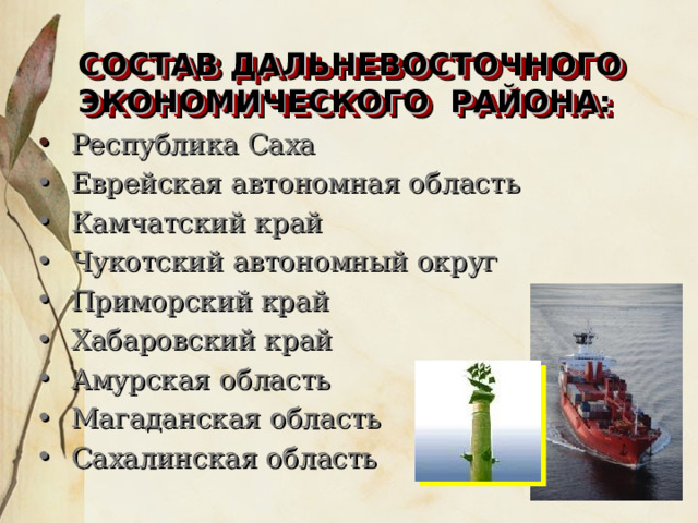 СОСТАВ ДАЛЬНЕВОСТОЧНОГО ЭКОНОМИЧЕСКОГО РАЙОНА:   Республика Саха   Еврейская автономная область   Камчатский край   Чукотский автономный округ   Приморский край   Хабаровский край   Амурская область   Магаданская область   Сахалинская область 