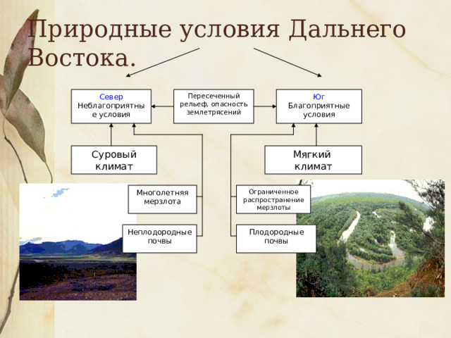 Природные условия Дальнего Востока. Пересеченный рельеф, опасность землетрясений Юг Север Благоприятные условия Неблагоприятные условия Мягкий климат Суровый климат Ограниченное распространение мерзлоты Многолетняя мерзлота Плодородные почвы Неплодородные почвы 