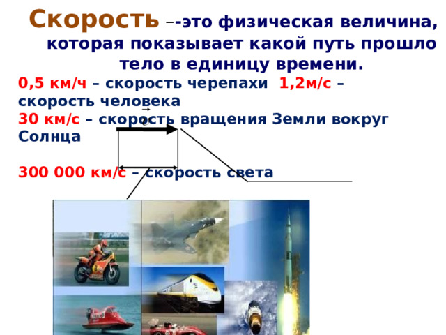 Скорость  – -это физическая величина, которая показывает какой путь прошло тело в единицу времени.   0,5 км/ч – скорость черепахи 1,2м/с – скорость человека 30 км/с – скорость вращения Земли вокруг Солнца  300 000 км/с – скорость света 