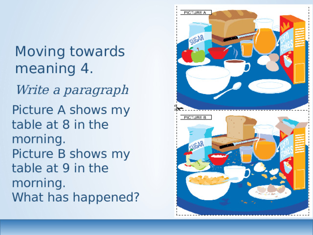 Moving towards meaning 4.  Write a paragraph Picture A shows my table at 8 in the morning. Picture B shows my table at 9 in the morning. What has happened?   