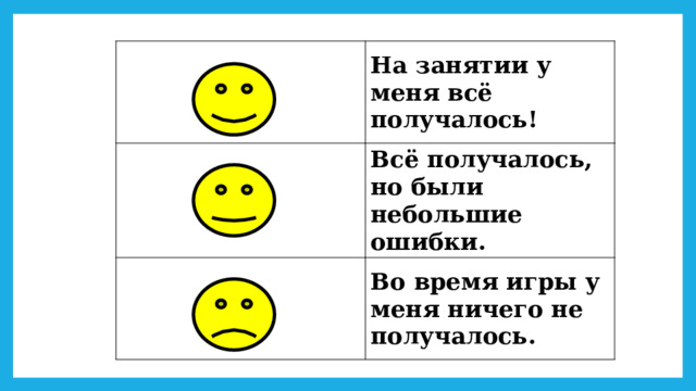На занятии у меня всё получалось! Всё получалось, но были небольшие ошибки. Во время игры у меня ничего не получалось. 
