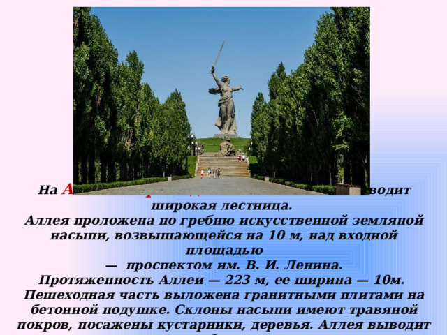 На Аллею пирамидальных тополей выводит широкая лестница. Аллея проложена по гребню искусственной земляной насыпи, возвышающейся на 10 м, над входной площадью — проспектом им. В. И. Ленина. Протяженность Аллеи — 223 м, ее ширина — 10м. Пешеходная часть выложена гранитными плитами на бетонной подушке. Склоны насыпи имеют травяной покров, посажены кустарники, деревья. Аллея выводит на площадь «Стоять насмерть» 