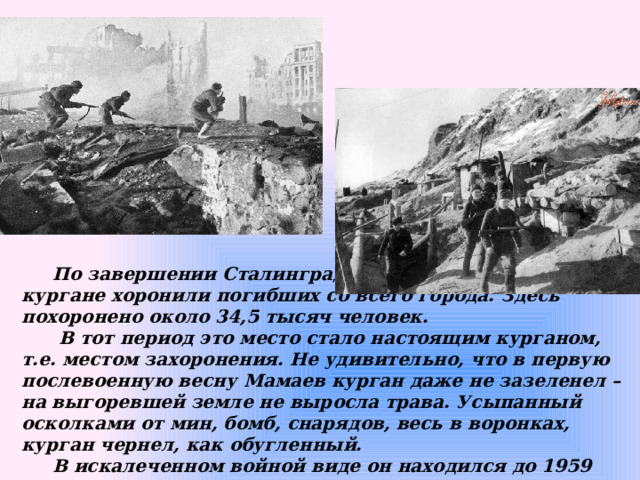  По завершении Сталинградской битвы на Мамаевом кургане хоронили погибших со всего города. Здесь похоронено около 34,5 тысяч человек.  В тот период это место стало настоящим курганом, т.е. местом захоронения. Не удивительно, что в первую послевоенную весну Мамаев курган даже не зазеленел – на выгоревшей земле не выросла трава. Усыпанный осколками от мин, бомб, снарядов, весь в воронках, курган чернел, как обугленный.  В искалеченном войной виде он находился до 1959 года. 