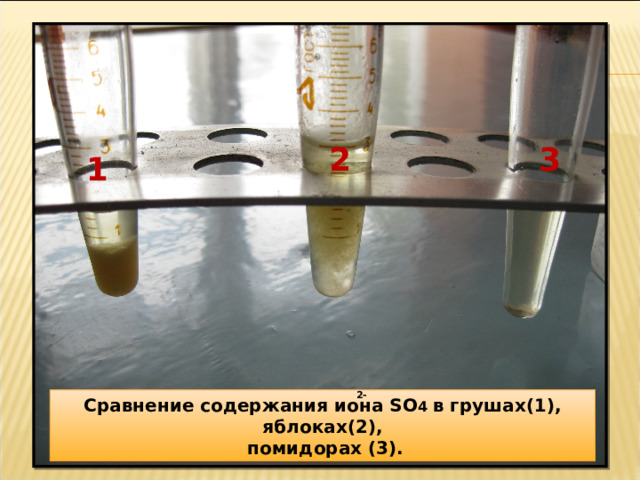2 3 1 2- Сравнение содержания иона SO 4 в грушах(1), яблоках(2),  помидорах (3). 