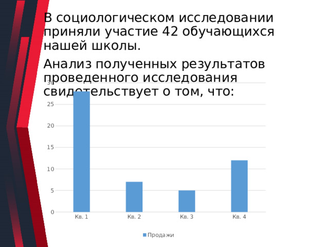 В социологическом исследовании приняли участие 42 обучающихся нашей школы. Анализ полученных результатов проведенного исследования свидетельствует о том, что: 