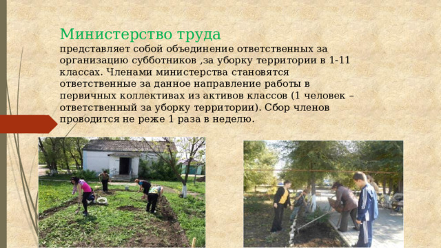 Министерство труда  представляет собой объединение ответственных за организацию субботников ,за уборку территории в 1-11 классах. Членами министерства становятся ответственные за данное направление работы в первичных коллективах из активов классов (1 человек – ответственный за уборку территории). Сбор членов проводится не реже 1 раза в неделю.   