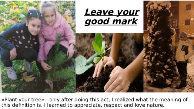 Leave your good mark «Plant your tree» - only after doing this act, I realized what the meaning of this definition is. I learned to appreciate, respect and love nature. 