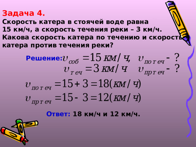 Задача 4. Скорость катера в стоячей воде равна 15 км/ч, а скорость течения реки – 3 км/ч. Какова скорость катера по течению и скорость катера против течения реки? Решение:  Ответ: 18 км/ч и 12 км/ч.  