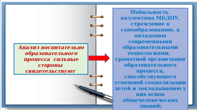 Мобильность коллектива МБДОУ, стремление к самообразованию, к овладению современными образовательными технологиями; грамотной организации образовательного процесса, способствующего успешной социализации детей и закладыванию у них основ общечеловеческих знаний; укреплению положительного имиджа образовательного учреждения. Анализ воспитательно образовательного процесса сильные стороны свидетельствуют 