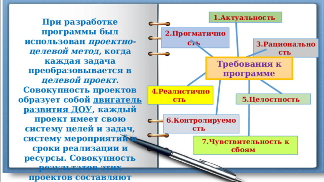 1.Актуальность При разработке программы был использован проектно-целевой метод , когда каждая задача преобразовывается в целевой проект . Совокупность проектов образует собой двигатель развития ДОУ , каждый проект имеет свою систему целей и задач, систему мероприятий и сроки реализации и ресурсы. Совокупность результатов этих проектов составляют общий результат программы 2.Прогматичность  3.Рациональность Требования к программе 4.Реалистичность 5.Целостность 6.Контролируемость 7.Чувствительность к сбоям 