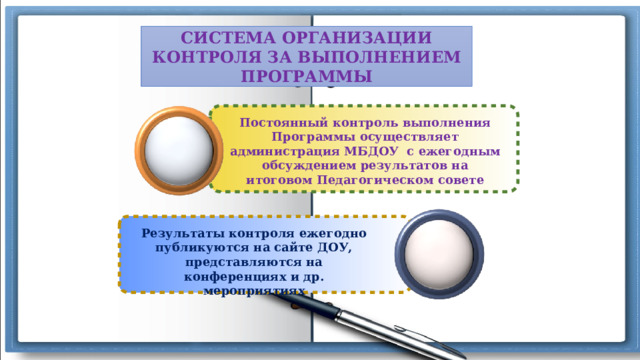 СИСТЕМА ОРГАНИЗАЦИИ КОНТРОЛЯ ЗА ВЫПОЛНЕНИЕМ ПРОГРАММЫ Постоянный контроль выполнения Программы осуществляет администрация МБДОУ с ежегодным обсуждением результатов на итоговом Педагогическом совете Результаты контроля ежегодно публикуются на сайте ДОУ, представляются на конференциях и др. мероприятиях 