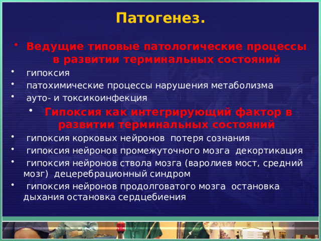Патогенез.   Ведущие типовые патологические процессы в развитии терминальных состояний   гипоксия   патохимические процессы нарушения метаболизма   ауто- и токсикоинфекция   Гипоксия как интегрирующий фактор в развитии терминальных состояний   гипоксия корковых нейронов  потеря сознания   гипоксия нейронов промежуточного мозга  декортикация   гипоксия нейронов ствола мозга (варолиев мост, средний мозг)  децеребрационный синдром   гипоксия нейронов продолговатого мозга  остановка дыхания остановка сердцебиения 