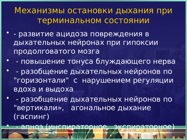 Механизмы остановки дыхания при терминальном состоянии - развитие ацидоза повреждения в дыхательных нейронах при гипоксии продолговатого мозга   - повышение тонуса блуждающего нерва   - разобщение дыхательных нейронов по 
