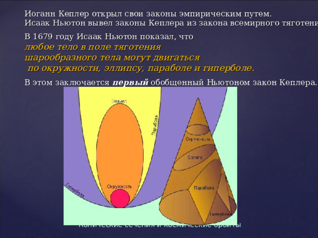 Иоганн Кеплер открыл свои законы эмпирическим путем.  Исаак Ньютон вывел законы Кеплера из закона всемирного тяготения.   В 1679 году Исаак Ньютон показал, что   любое тело в поле тяготения шарообразного тела могут двигаться   по окружности, эллипсу, параболе и гиперболе .   В этом заключается первый обобщенный Ньютоном закон Кеплера.    Конические сечения и космические орбиты 