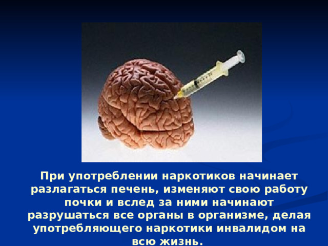 При употреблении наркотиков начинает разлагаться печень, изменяют свою работу почки и вслед за ними начинают разрушаться все органы в организме, делая употребляющего наркотики инвалидом на всю жизнь.  