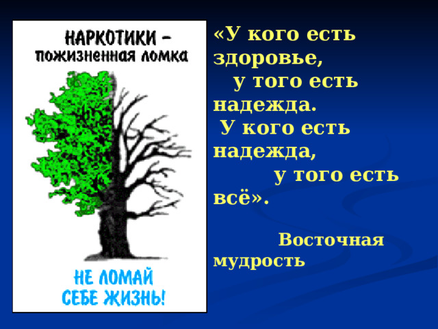 « У кого есть здоровье,  у того есть надежда.  У кого есть надежда,  у того есть всё».   Восточная мудрость   