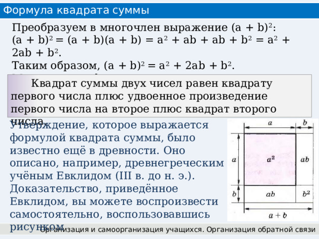 Формула квадрата суммы Преобразуем в многочлен выражение (а + b) 2 : (a + b) 2 = (а + b)(a + b) = a 2 + ab + ab + b 2 = a 2 + 2аb + b 2 . Таким образом, (a + b) 2 = a 2 + 2аb + b 2 . Мы получили формулу квадрата суммы.  Квадрат суммы двух чисел равен квадрату первого числа плюс удвоенное произведение первого числа на второе плюс квадрат второго числа. Утверждение, которое выражается формулой квадрата суммы, было известно ещё в древности. Оно описано, например, древнегреческим учёным Евклидом (III в. до н. э.). Доказательство, приведённое Евклидом, вы можете воспроизвести самостоятельно, воспользовавшись рисунком Организация и самоорганизация учащихся. Организация обратной связи 