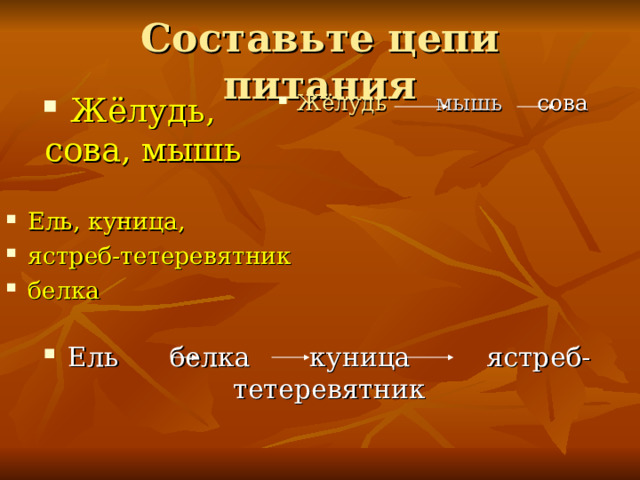 Жёлудь  мышь сова Жёлудь, сова, мышь Ель, куница, ястреб-тетеревятник белка  Ель белка куница ястреб-тетеревятник 