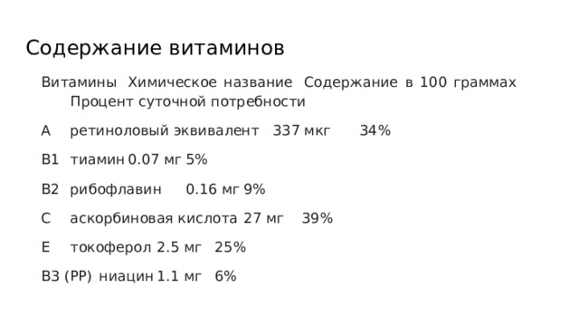 Содержание витаминов Витамины  Химическое название  Содержание в 100 граммах  Процент суточной потребности А  ретиноловый эквивалент  337 мкг  34% B1  тиамин  0.07 мг  5% B2  рибофлавин  0.16 мг  9% C  аскорбиновая кислота  27 мг  39% E  токоферол  2.5 мг  25% B3 (PP)  ниацин  1.1 мг  6% 