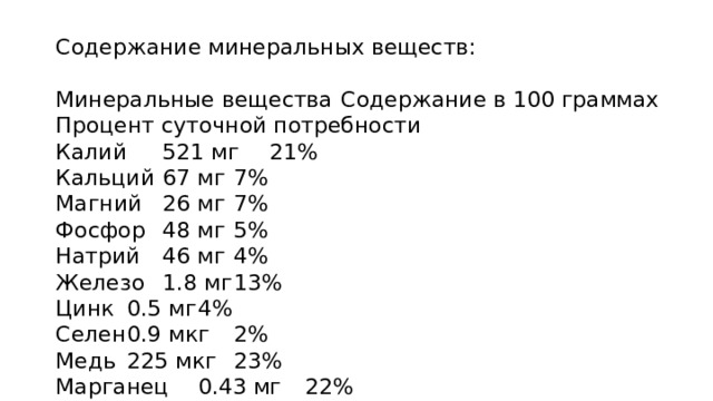 Содержание минеральных веществ:   Минеральные вещества  Содержание в 100 граммах  Процент суточной потребности  Калий  521 мг  21%  Кальций  67 мг  7%  Магний  26 мг  7%  Фосфор  48 мг  5%  Натрий  46 мг  4%  Железо  1.8 мг  13%  Цинк  0.5 мг  4%  Селен  0.9 мкг  2%  Медь  225 мкг  23%  Марганец  0.43 мг  22% 