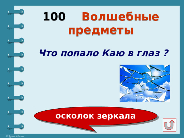 100 Волшебные предметы Что попало Каю в глаз ? осколок зеркала 