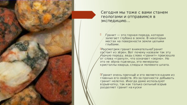 Сегодня мы тоже с вами станем геологами и отправимся в экспедицию…   Гранит — это горная порода, которая залегает глубоко в земле. В некоторых местах на поверхности земли целыми глыбами. Рассмотрим гранит внимательноГранит состоит из зёрен. Вот почему назвали так эту горную породу, ведь слово «гранит» произошло от слова «гранул», что означает «зерно». Но это не зёрна пшеницы, это минералы: кристаллы кварца, слюды и полевого шпата. Гранит очень прочный и это является одним из главных его свойств. Из-за прочности добывать гранит нелегко. Иногда даже используют взрывчатку, так как только сильный взрыв разделяет гранит на куски 
