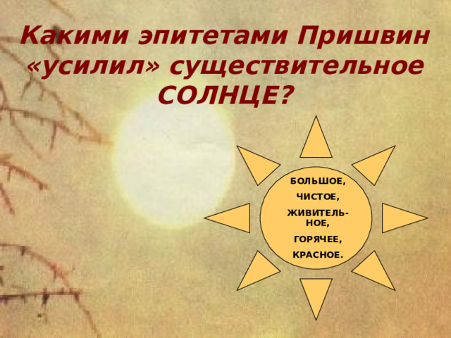 Какими эпитетами Пришвин «усилил» существительное СОЛНЦЕ?  БОЛЬШОЕ, ЧИСТОЕ, ЖИВИТЕЛЬ-НОЕ, ГОРЯЧЕЕ, КРАСНОЕ.  Работа над изобразительно-выразительными средствами произведения. 16 