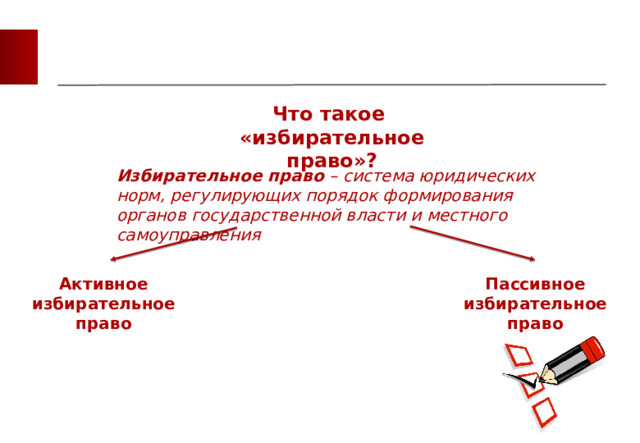 Что такое «избирательное право»? Избирательное право  – система юридических норм, регулирующих порядок формирования органов государственной власти и местного самоуправления Активное Пассивное избирательное право избирательное право 
