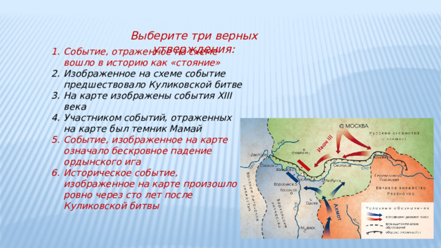 Выберите три верных утверждения: Событие, отраженное на схеме вошло в историю как «стояние» Изображенное на схеме событие предшествовало Куликовской битве На карте изображены события XIII века Участником событий, отраженных на карте был темник Мамай Событие, изображенное на карте означало бескровное падение ордынского ига Историческое событие, изображенное на карте произошло ровно через сто лет после Куликовской битвы    