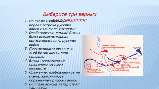 Выберите три верных утверждения: На схеме изображена первая встреча русских войск с монголо-татарами Особенностью данной битвы была исключительная организованность русских войск Противниками русских в этой битве выступали половцы Битва произошла за пределами русских княжеств Сражение, изображенное на схеме, закончилось поражением русских войск Во главе войска татар стоял хан Батый  