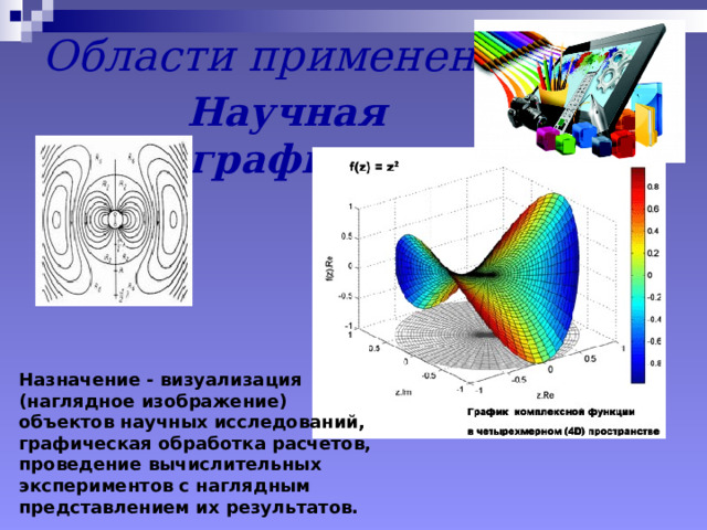 Области применения Научная графика Назначение - визуализация (наглядное изображение) объектов научных исследований, графическая обработка расчетов, проведение вычислительных экспериментов с наглядным представлением их результатов. 