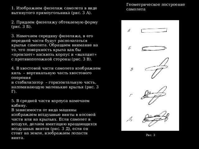 Геометрическое построение самолета 1. Изображаем фюзеляж самолета в виде вытянутого прямоугольника (рис. 3 А). 2. Придаем фюзеляжу обтекаемую форму (рис. 3 Б). 3. Намечаем середину фюзеляжа, в его передней части будут располагаться крылья самолета. Обращаем внимание на то, что поверхность крыла как бы «пронзает» насквозь корпус и «выходит» с противоположной стороны (рис. 3 В). 4. В хвостовой части самолета изображаем киль – вертикальную часть хвостового оперения и стабилизатор – горизонтальную часть, напоминающую маленькие крылья (рис. 3 Г). 5. В средней части корпуса намечаем кабину. В зависимости от вида машины изображаем воздушные винты в носовой части или на крыльях. Если самолет в воздухе, делаем имитацию вращающихся воздушных винтов (рис. 3 Д), если он стоит на земле, изображаем лопасти винта. Рис. 3  