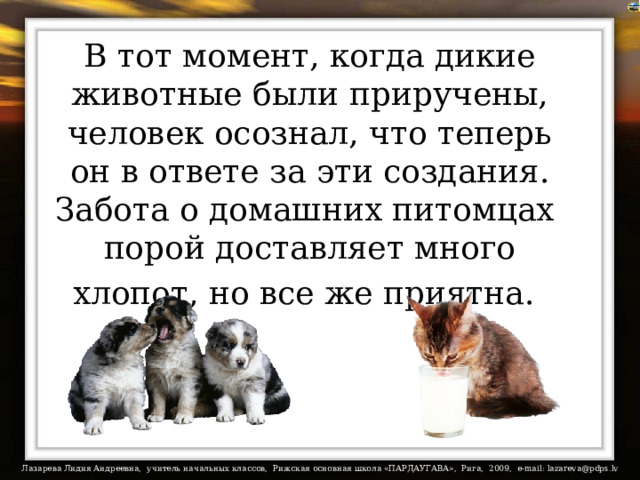 В тот момент, когда дикие животные были приручены, человек осознал, что теперь он в ответе за эти создания. Забота о домашних питомцах  порой доставляет много хлопот, но все же приятна.  