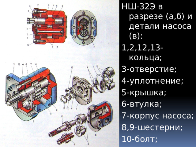 НШ-32Э в разрезе (а,б) и детали насоса (в): 1,2,12,13-кольца; 3-отверстие; 4-уплотнение; 5-крышка; 6-втулка; 7-корпус насоса; 8,9-шестерни; 10-болт; 11-пластина. 