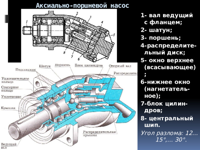 Аксиально-поршневой насос нерегулируемый 1- вал ведущий с фланцем; 2- шатун; 3- поршень; 4-распределите-льный диск; 5- окно верхнее (всасывающее); 6-нижнее окно (нагнетатель-ное); 7-блок цилин-дров; 8- центральный шип. Угол разлома: 12…15°,… 30°.   