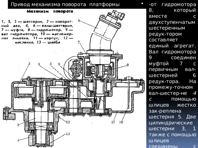  Привод механизма поворота платформы -от гидромотора 8, который вместе с двухступенчатым шестеренным редук-тором составляет единый агрегат. Вал гидромотора 9 соединен муфтой 7 с первичным вал-шестерней 6 редук-тора. На промежу-точном вал-шестер-не 4 с помощью шлицев жестко зак-реплена шестерня 5. Две цилиндрические шестерни 3, 1 также с помощью шлицев соединены с пово-ротным валом 2.  От осевого переме-щения шестерню 1 удерживает шайба 13, закрепленная болтами. 