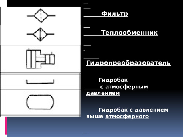    Фильтр    Теплообменник     Гидропреобразователь    Гидробак  с атмосферным давлением    Гидробак с давлением выше атмосферного     
