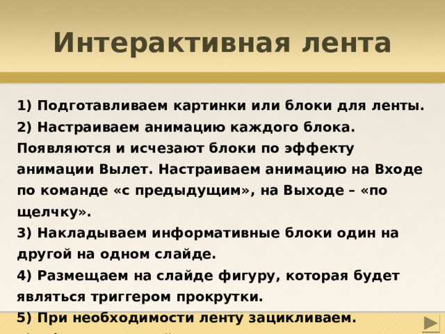 Интерактивная лента 1) Подготавливаем картинки или блоки для ленты. 2) Настраиваем анимацию каждого блока. Появляются и исчезают блоки по эффекту анимации Вылет. Настраиваем анимацию на Входе по команде «с предыдущим», на Выходе – «по щелчку». 3) Накладываем информативные блоки один на другой на одном слайде. 4) Размещаем на слайде фигуру, которая будет являться триггером прокрутки. 5) При необходимости ленту зацикливаем. 6) Оформляем слайд. 