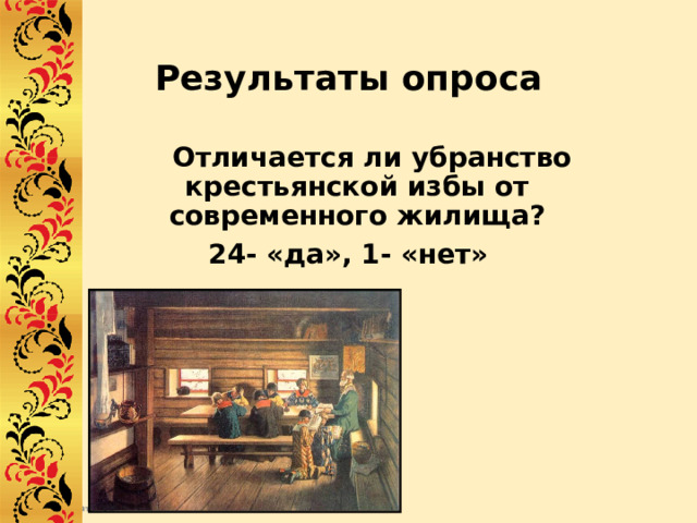 Результаты опроса  Отличается ли убранство крестьянской избы от современного жилища? 24- «да», 1- «нет» 