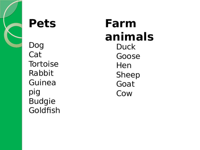Pets Farm animals Dog Cat Tortoise Rabbit Guinea pig Budgie Goldfish Duck Goose Hen Sheep Goat Cow 