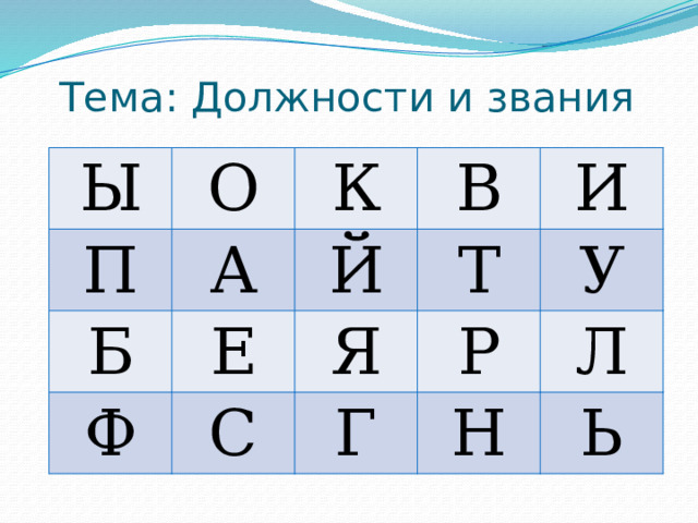 Тема: Должности и звания Ы О П К А Б В Е Й Ф Т С И Я Р Г У Л Н Ь 