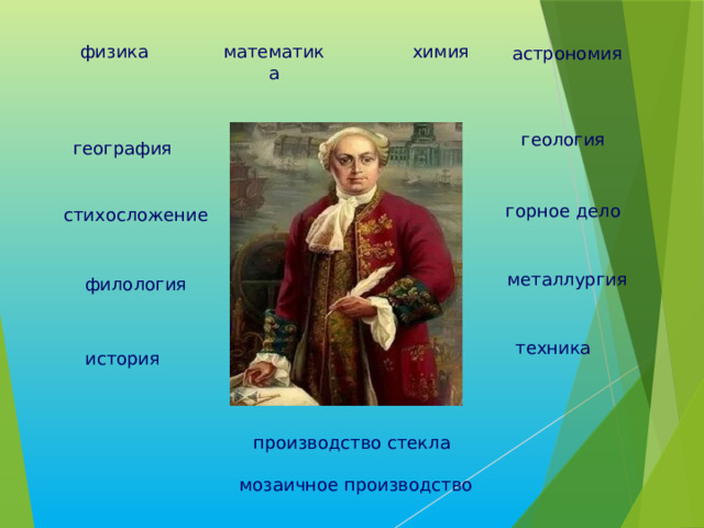 физика химия математика астрономия геология география горное дело стихосложение металлургия филология техника история производство стекла мозаичное производство 