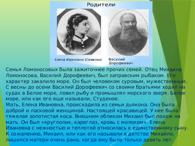 Семья Ломоносовых была зажиточнее прочих семей. Отец Михаила Ломоносова, Василий Дорофеевич, был заправским рыбаком. Его характер закалило море. Он был человеком суровым, мужественным. С весны до осени Василий Дорофеевич со своими братьями ходил на судах в Белое море, ловил рыбу и промышлял морского зверя. Белое море, или как его еще называли, Студеное. Мать, Елена Ивановна, происходила из семьи дьякона. Она была доброй и ласковой женщиной. Настоящей красавицей. У нее была тяжелая золотистая коса. Внешним обликом Михаил был похож на мать. Он был «круглолик, кареглаз, кровь с молоком». Елена Ивановна с нежностью и теплотой относилась к единственному сыну. К сожалению, Михаил, или как его называли в детстве Михайло, лишился матери очень рано, когда ему было только девять лет. 