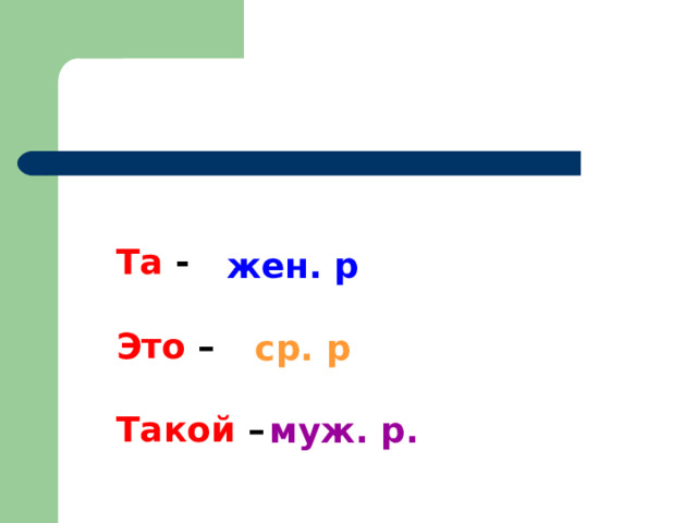 Та - жен. р.  Это – ср. р.  Такой – муж. р.  жен. р ср. р муж. р.  