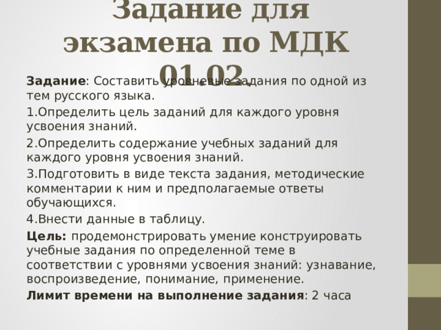  Задание для экзамена по МДК 01.02 .  Задание : Составить уровневые задания по одной из тем русского языка. 1.Определить цель заданий для каждого уровня усвоения знаний. 2.Определить содержание учебных заданий для каждого уровня усвоения знаний. 3.Подготовить в виде текста задания, методические комментарии к ним и предполагаемые ответы обучающихся. 4.Внести данные в таблицу. Цель: продемонстрировать умение конструировать учебные задания по определенной теме в соответствии с уровнями усвоения знаний: узнавание, воспроизведение, понимание, применение. Лимит времени на выполнение задания : 2 часа 