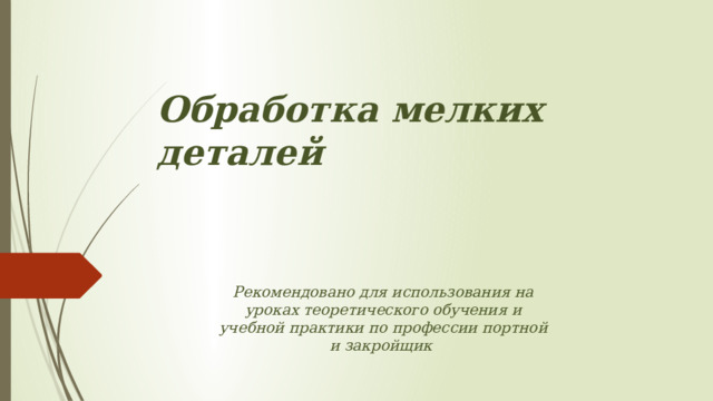 Обработка мелких деталей Рекомендовано для использования на уроках теоретического обучения и учебной практики по профессии портной и закройщик 