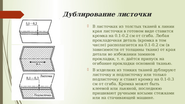 Дублирование листочки В листочках из толстых тканей к линии края листочки в готовом виде ставится кромка на 0.1-0.2 см от сгиба. Любая прокладочная деталь (кромка в том числе) располагается на 0.1-0.2 см (в зависимости от толщины ткани) от края детали во избежании заминов прокладки, т. е. даётся припуск на огибание прокладки основной тканью.   В изделиях из тонких тканей дублируют листочку и подлисточку или только подлисточку и ставят кромку на 0.1-0.3 см от сгиба. Кромка может быть клеевой или льняной, последнюю пришивают ручными косыми стежками или на стачивающей машине.  