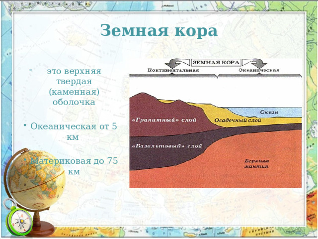Земная кора это верхняя твердая (каменная) оболочка Океаническая от 5 км Материковая до 75 км 