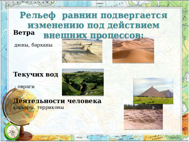 Рельеф равнин подвергается изменению под действием внешних процессов:    Ветра    дюны, барханы     Текучих вод    - овраги   Деятельности человека  карьеры, терриконы       